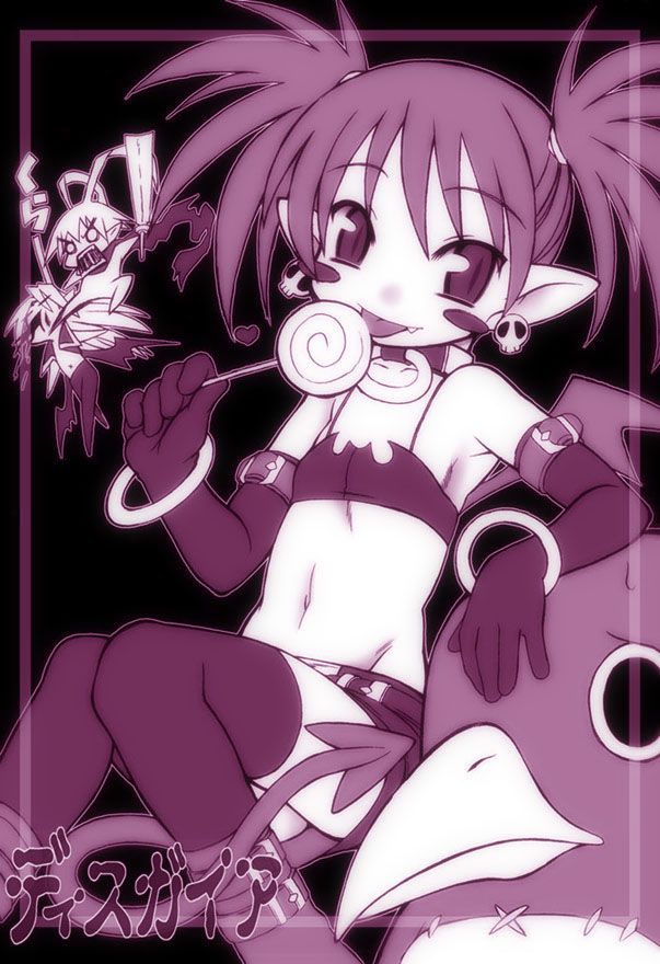 nakagami takashi, etna (disgaea), fenrich, laharl, mid-boss, mid-boss (disgaea), prinny, disgaea, makai senki disgaea 2, nippon ichi, 1girl, 2boys, :p, = =, angry, antenna hair, arm support, armband, armpits, bat wings, belt, bikini, bikini top only, blood, blush stickers, boots, bracelet, candy, chibi, collar, demon girl, demon tail, earrings, elbow gloves, fang, flat chest, food, gloves, heart, jewelry, kicking, licking, lollipop, midriff, miniskirt, monochrome, multiple boys, navel, o o, open mouth, pointy ears, purple theme, red hair, scarf, short hair, short twintails, skirt, skull, spiked hair, strap, swimsuit, swirl lollipop, tail, thighhighs, tongue, tongue out, torn clothes, twintails, weapon, wings