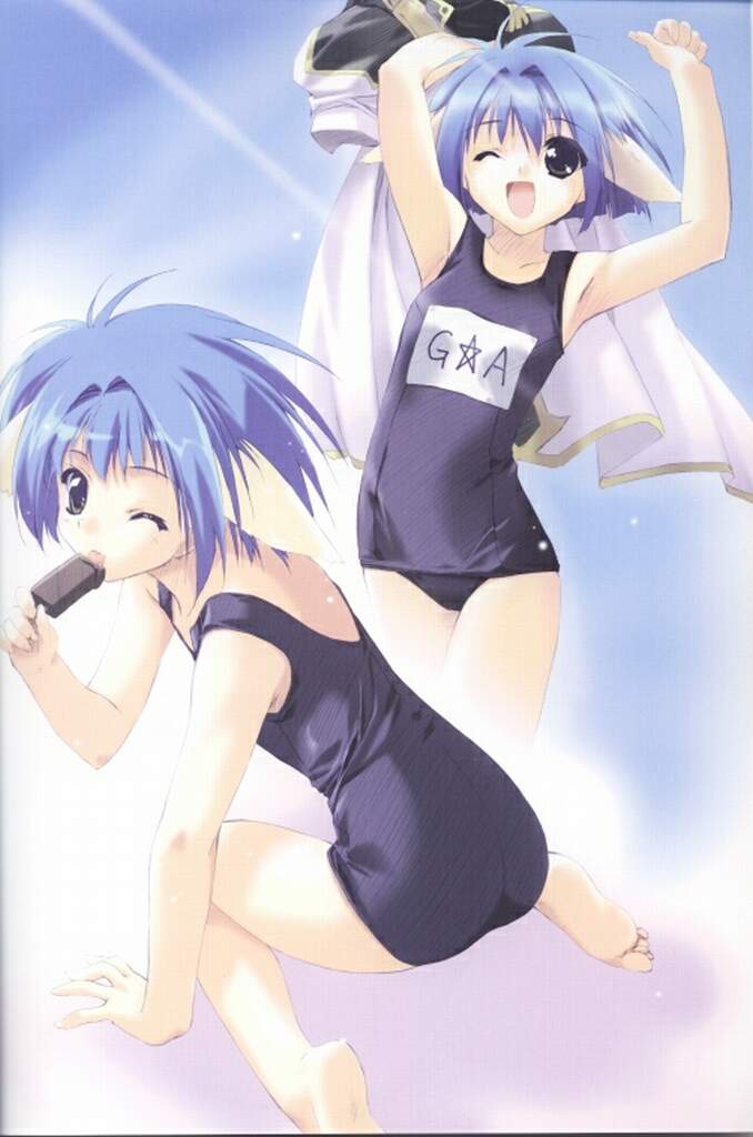 mint blancmanche, broccoli (company), galaxy angel, 00s, 2girls, food, multiple girls, name tag, one-piece swimsuit, popsicle, school swimsuit, swimsuit