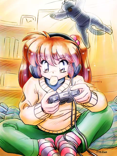 zan, original, 1girl, brown hair, butterfly sitting, cat, chips (food), female focus, food, game console, headphones, mouth hold, pants, playing games, playstation 2, potato chips, sitting, socks, solo, striped clothes, striped socks, sweater, video game