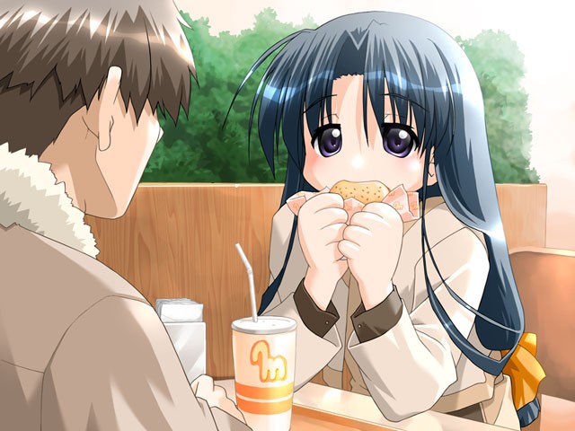 akata itsuki, hase mimari, kokoro navi, q-x, game cg, 1boy, 1girl, black hair, blush, booth seating, brown hair, burger, bush, couple, drink, drinking straw, eating, food, hair ribbon, hetero, leaning, napkin, plant, purple eyes, ribbon, sitting, soda, table