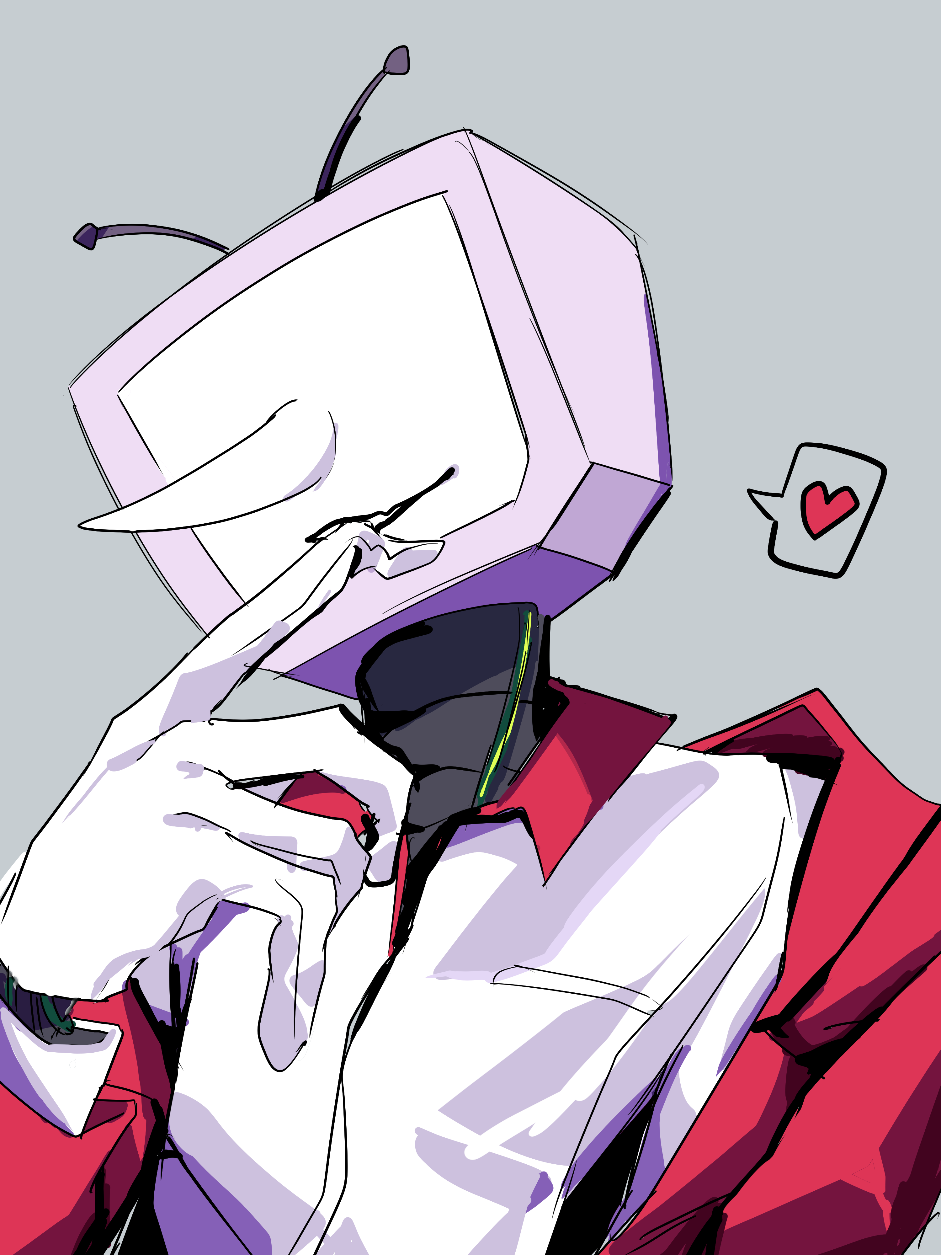ant tenna, deltarune, undertale, utdr (toby fox), absurdres, commentary request, highres, 1boy, collared shirt, finger to mouth, gloves, grey background, heart, jacket, object head, pointy nose, raique, red jacket, robot, shirt, simple background, spoken heart, television, upper body, white gloves, white shirt