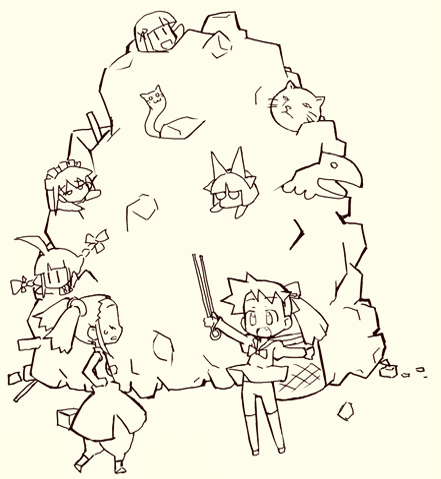 2k-tan, 95-tan, dos cat, me-tan, sanrio (nijiura), xp-tan, futaba channel, os-tan, lowres, 6+girls, glasses, monochrome, multiple girls, pile of trash, trash