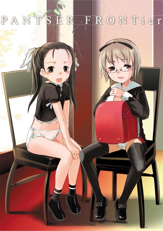 sody, original, 2girls, backpack, bag, loli, multiple girls, panties, randoseru, thighhighs, underwear, white panties