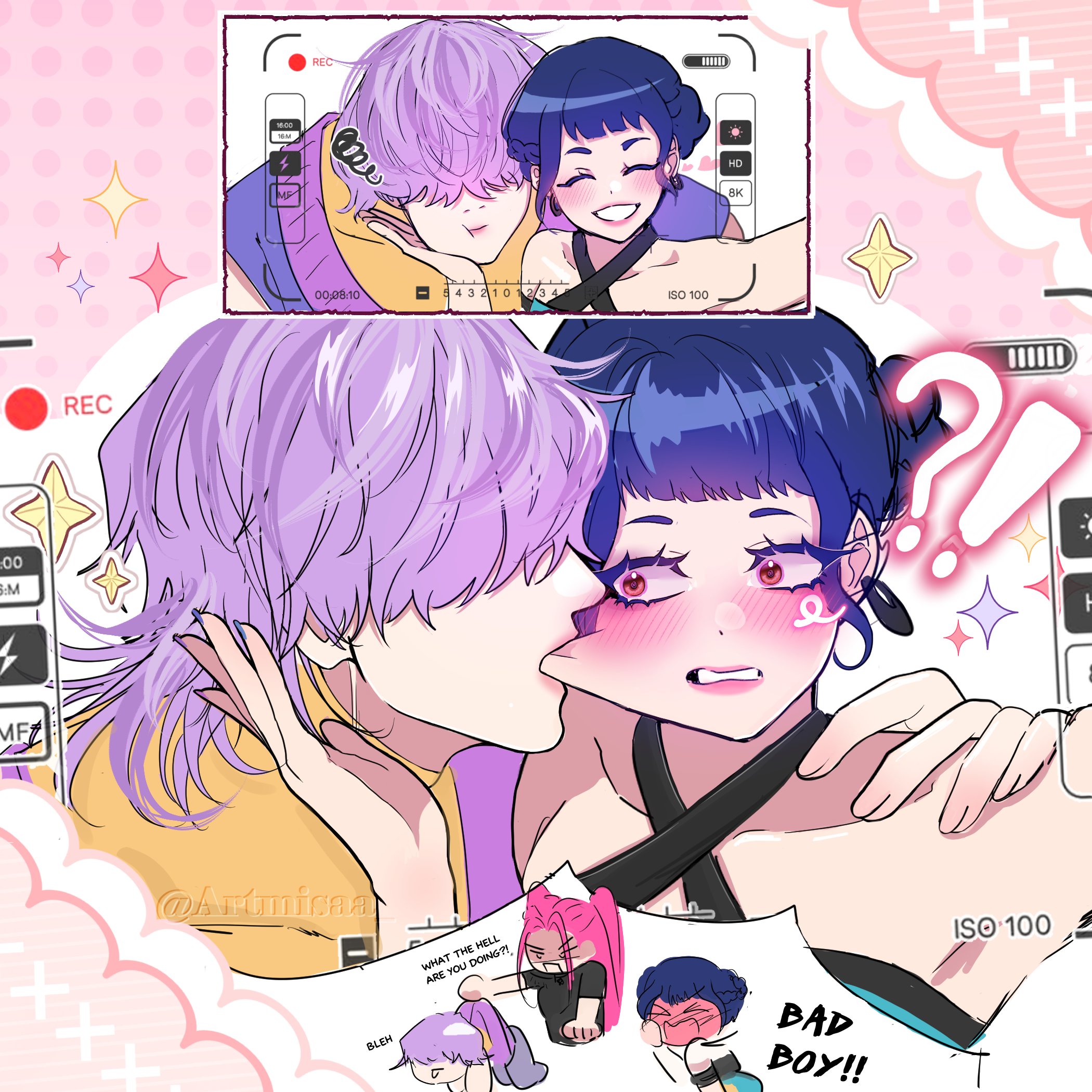 mira (kpop demon hunters), mystery (kpop demon hunter), zoey (kpop demon hunters), kpop demon hunters, !?, 1boy, 2girls, artmisaa, blush, closed eyes, embarrassed, english text, hair over eyes, happy, multiple girls, pink hair, purple hair, recording, selfie, smile, sparkle, teeth, twintails