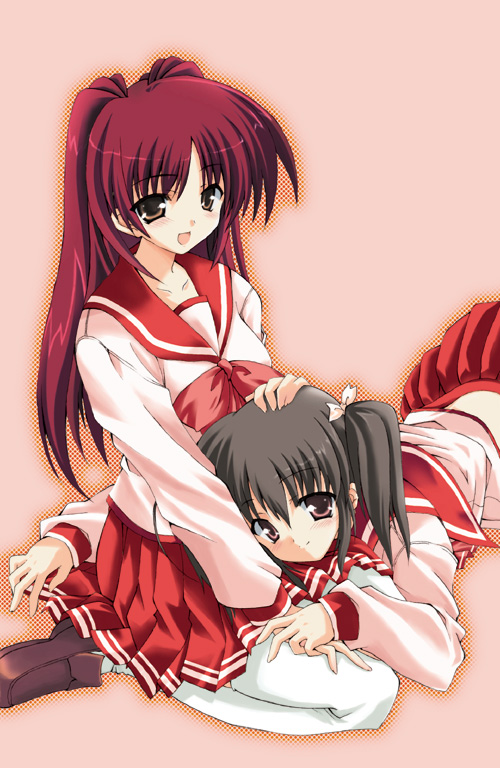 shibamine takashi, kousaka tamaki, yuzuhara konomi, to heart (series), to heart 2, 00s, 2girls, blush, brown eyes, brown hair, lap pillow, long hair, multiple girls, pleated skirt, red eyes, red hair, school uniform, serafuku, short hair, sitting, skirt, thighhighs, twintails, wariza