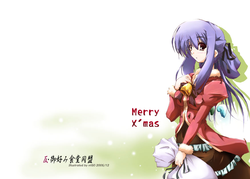 nt50, original, fur, light purple hair, 00s, 1girl, 2005, bell, blush, bow, christmas, coat, dated, expressionless, female focus, hair ribbon, hand on own chest, jingle bell, long hair, looking at viewer, open mouth, overcoat, ponytail, puffy sleeves, ribbon, sack, sidelocks, skirt, solo, very long hair