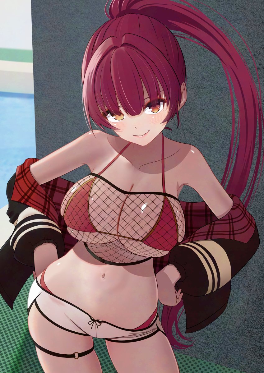 mochiya verbeta, houshou marine, hololive, highres, 1girl, bikini, black jacket, closed mouth, cowboy shot, fishnet top, fishnets, hands on own hips, high ponytail, jacket, long hair, ponytail, red bikini, red eyes, red hair, shorts, smile, solo, swimsuit, virtual youtuber, white shorts, yellow eyes