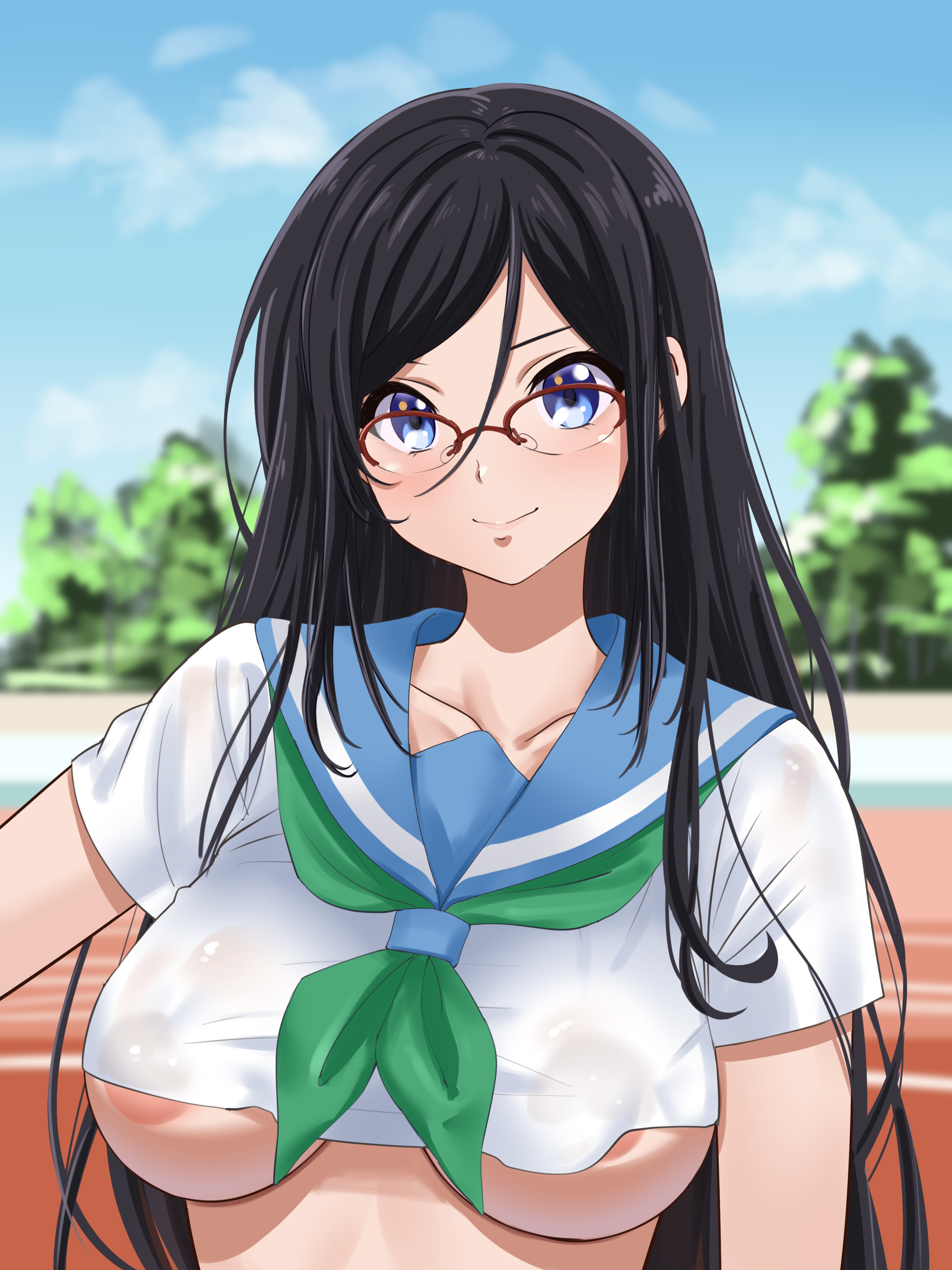 fuooooo, tanaka asuka, hibike! euphonium, absurdres, highres, 1girl, areola slip, black hair, blue eyes, blurry, blurry background, blush, breasts, cloud, collarbone, cropped shirt, day, glasses, green neckerchief, hair between eyes, kitauji high school uniform, large breasts, long hair, looking at viewer, neckerchief, outdoors, over-rim eyewear, red-framed eyewear, running track, school uniform, semi-rimless eyewear, shirt, short sleeves, sky, smile, solo, summer uniform, tree, very long hair, white shirt