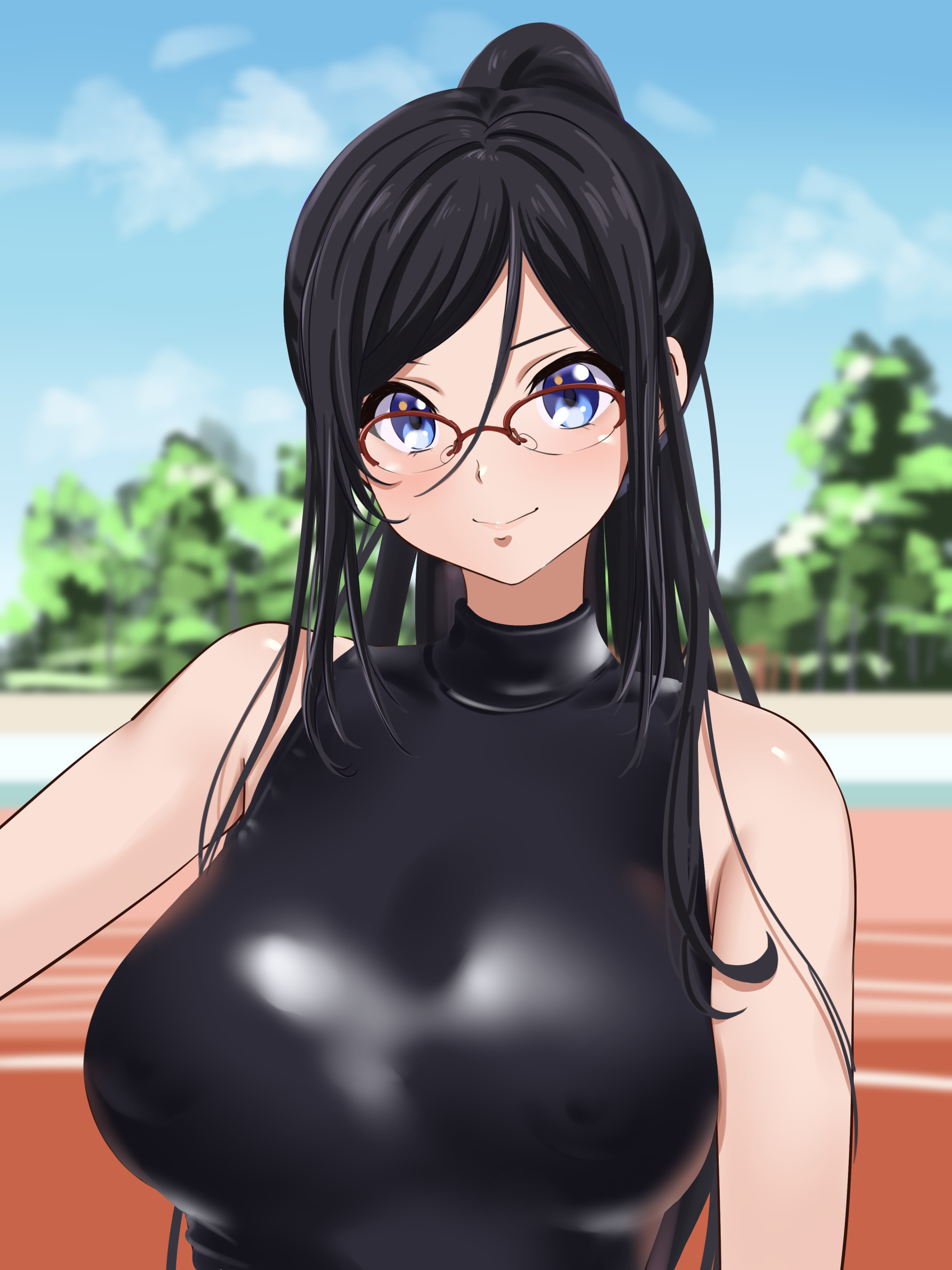 fuooooo, tanaka asuka, hibike! euphonium, absurdres, highres, 1girl, black hair, black shirt, blue eyes, blurry, blurry background, blush, breasts, cloud, day, glasses, hair between eyes, large breasts, long hair, looking at viewer, outdoors, over-rim eyewear, red-framed eyewear, running track, semi-rimless eyewear, shirt, sky, sleeveless, sleeveless shirt, smile, solo, tree, turtleneck, turtleneck shirt, very long hair
