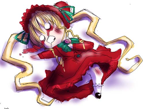 shinku, rozen maiden, lowres, 00s, 1girl, blonde hair, blood, bloody tears, bloomers, bonnet, chibi, chibi only, dress, drooling, female focus, long hair, o o, red dress, solo, twintails, underwear, very long hair