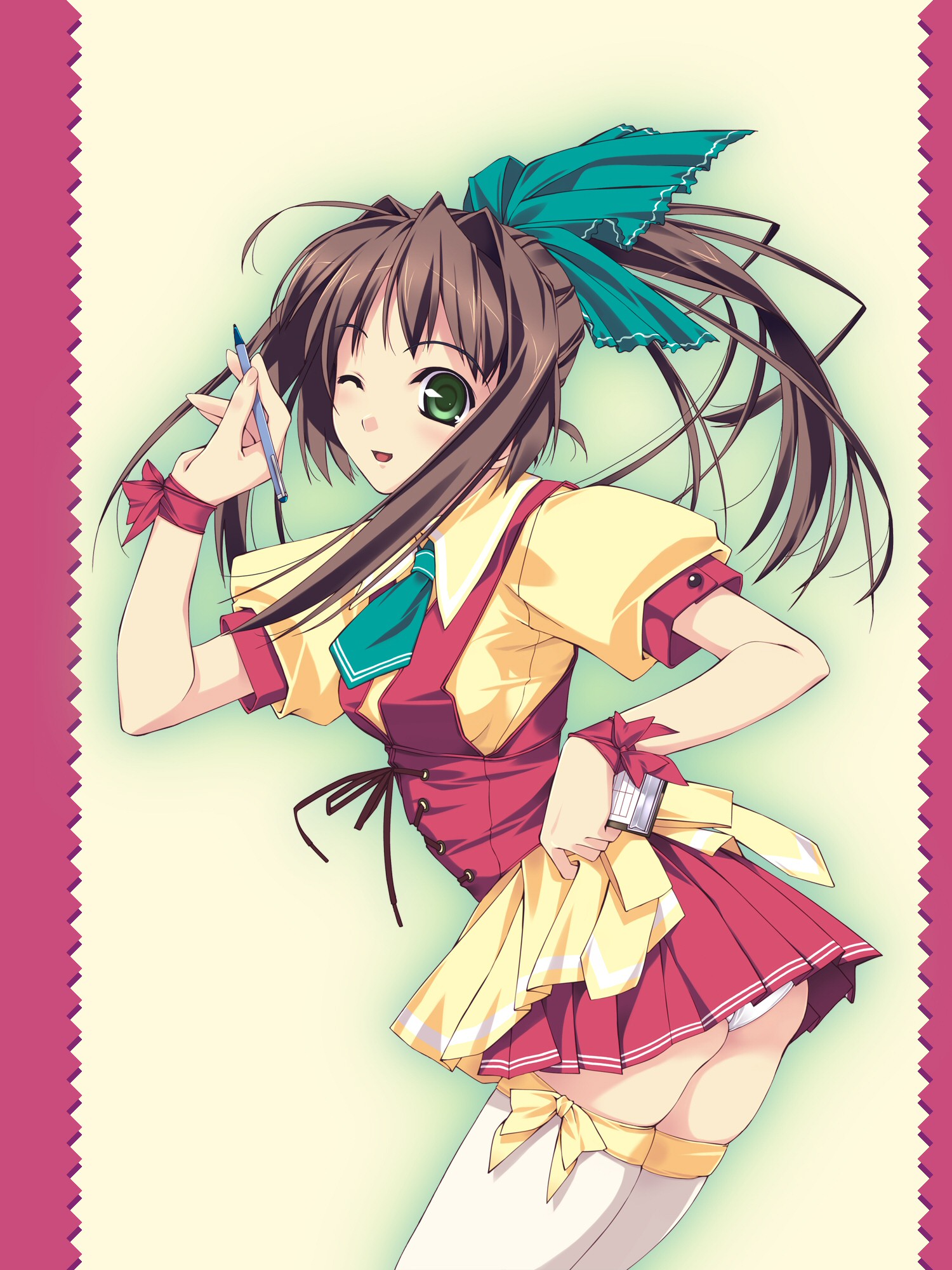 murakami suigun, f-ism, original, highres, 1girl, apron, ass, brown hair, female focus, floating hair, green eyes, hair ribbon, hand on own hip, long hair, looking at viewer, one eye closed, panties, pantyshot, pen, ponytail, puffy sleeves, ribbon, short sleeves, skindentation, solo, thighhighs, thighs, underwear, very long hair, waist apron, waitress, wink
