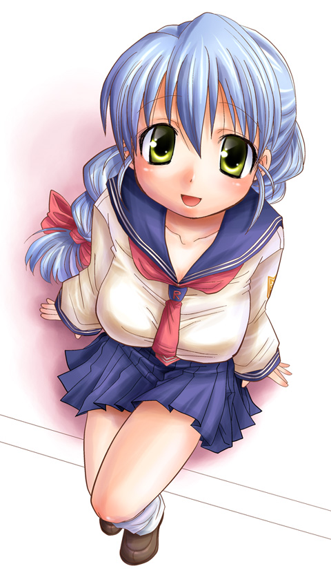 yokoshima tsumugi, yoppi, satou yoshimi, tsuyokiss, 1girl, arm support, blue hair, braid, breasts, female focus, from above, large breasts, long hair, long sleeves, looking up, pleated skirt, school uniform, serafuku, sitting, skirt, solo, yellow eyes