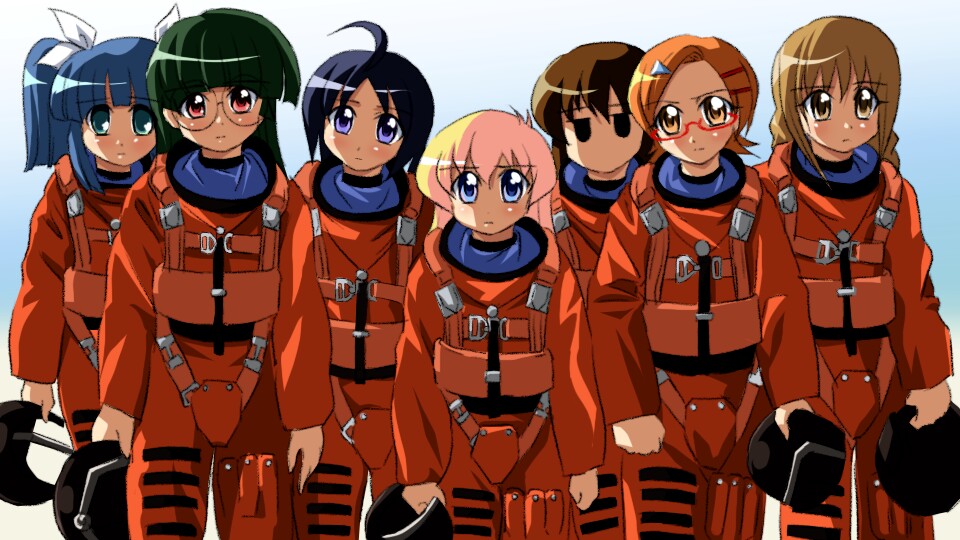 sanshita, ichijou, katagiri himeko, momose kurumi, rebecca miyamoto, suzuki sayaka, tachibana rei, uehara miyako, armageddon (film), armageddon (movie), pani poni dash!, the right stuff, pilot suit, 6+girls, child, crossover, multiple girls, orange hair, parody, right stuff, spacesuit