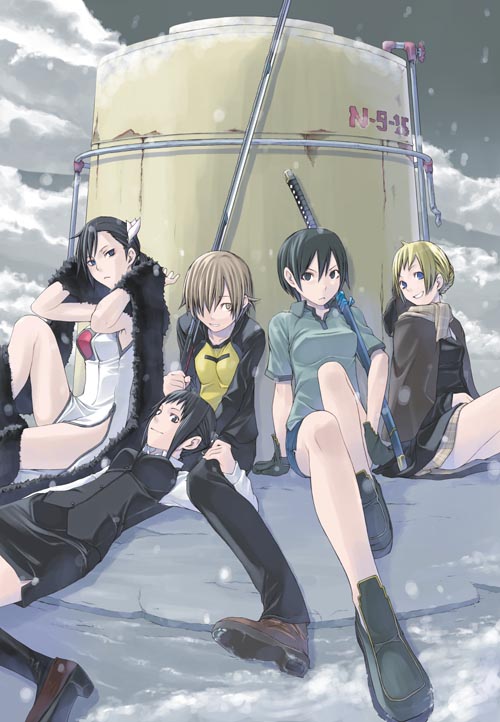 yasuda suzuhito, charlotte liverpool, ei yi li, sahara jun, yasojima misaki, yukimura nazuna, etsusa oohashi, garuguru, 5girls, cloud, day, katana, lying, multiple girls, polearm, scarf, shoes, short hair, sitting, smile, snow, snowing, sword, weapon