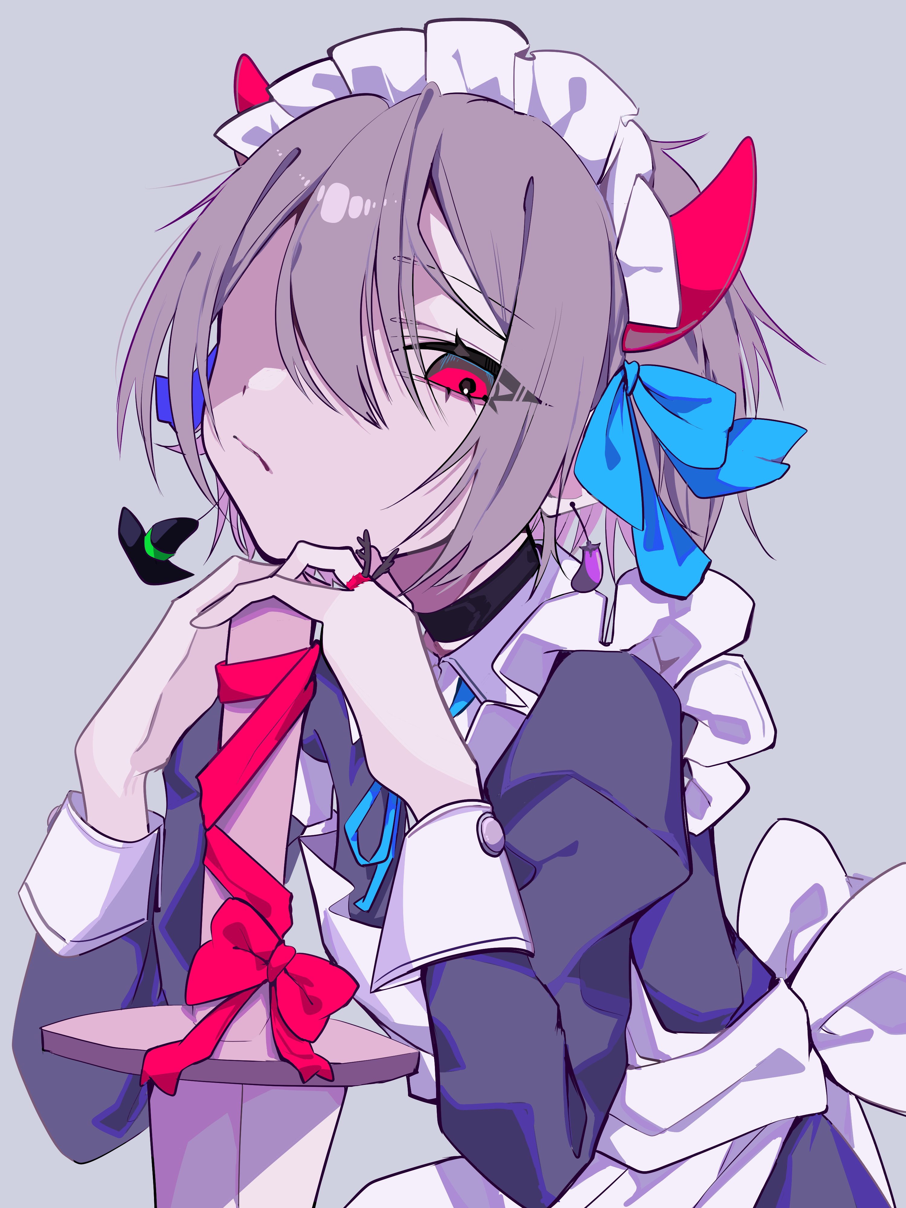 kris (deltarune), deltarune, utdr (toby fox), absurdres, commentary, english commentary, highres, 1other, alternate costume, apron, black dress, blue bow, bow, brown hair, dress, enmaided, frilled apron, frills, grey background, hair bow, horns, knife, long sleeves, maid, maid apron, maid headdress, other focus, raique, red eyes, red horns, red ribbon, ribbon, short hair, white apron