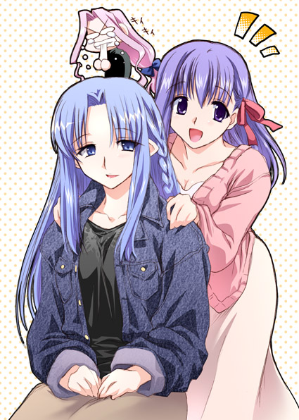 otaut-r, matou sakura, medea (caster) (fate), medea (casual wear) (fate), medea (fate), medusa (fate), medusa (rider) (fate), fate/hollow ataraxia, fate/stay night, fate (series), light purple hair, 00s, 3girls, ^^^, blue eyes, blue hair, braid, chibi, chibi inset, collarbone, hair ribbon, hug, hug from behind, jacket, jealous, lipstick, long hair, long skirt, looking at viewer, makeup, multiple girls, o o, official alternate costume, one side up, pointy ears, purple eyes, ribbon, side braid, skirt, smile, very long hair
