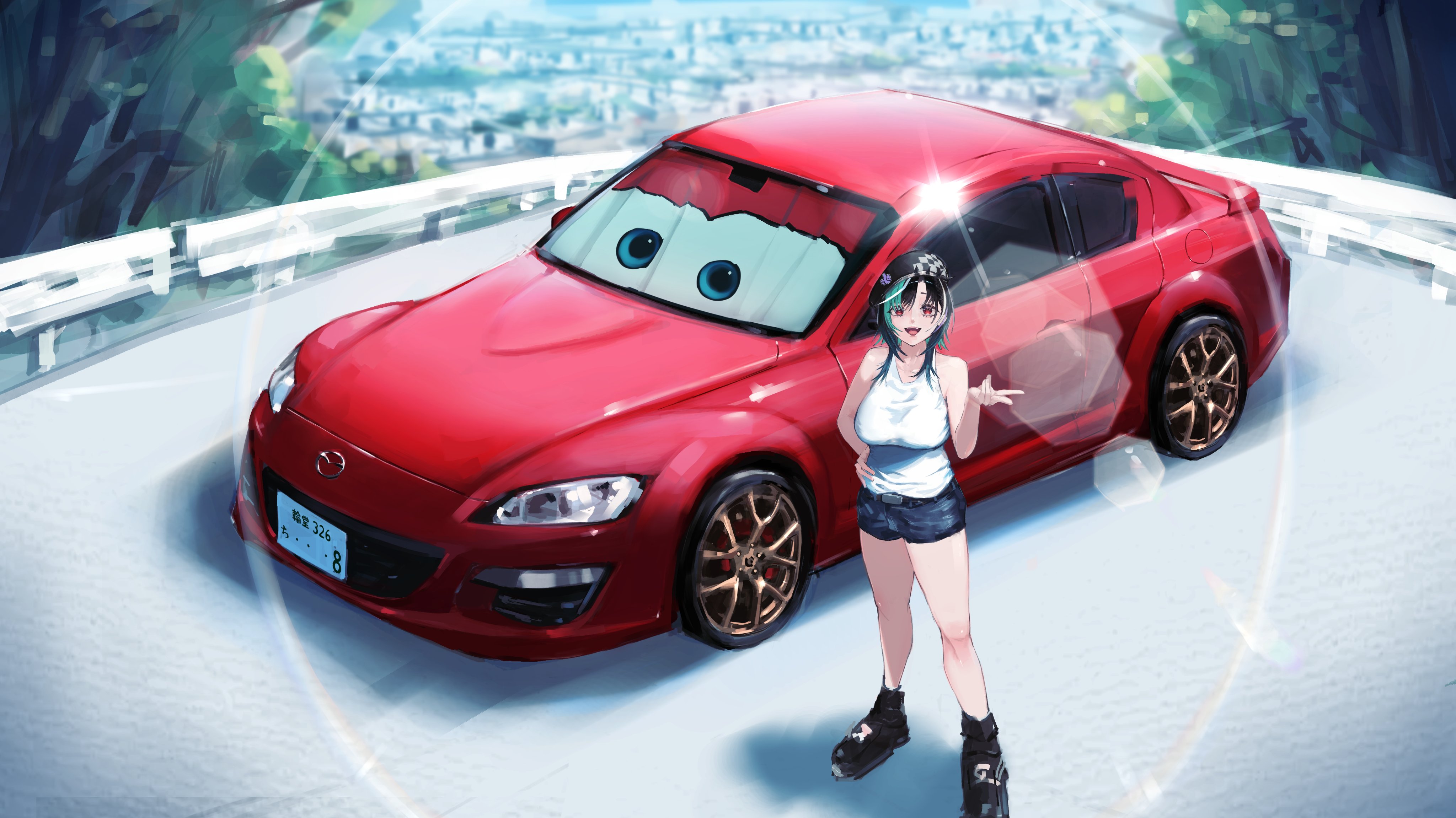 lightning mcqueen, rindo chihaya, cars (movie), hololive, hololive dev is, absurdres, highres, 1girl, black hair, black shoes, blue shorts, breasts, car, car sunshade, cityscape, green hair, kkryi rrn, large breasts, lens flare, looking at viewer, mazda rx-8, motor vehicle, multicolored hair, open mouth, outdoors, red eyes, road, shoes, short shorts, shorts, smile, solo, standing, streaked hair, street, tank top, virtual youtuber, white hair, white tank top