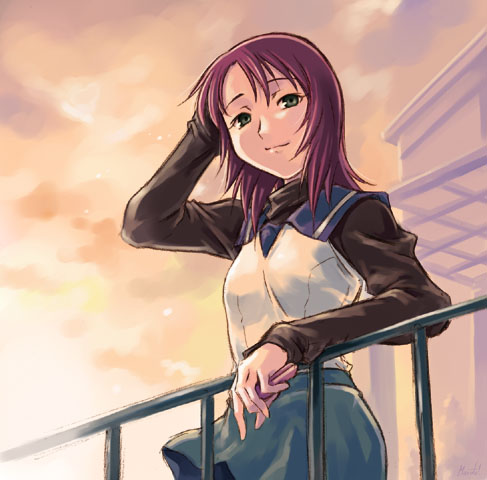 maruto!, yuuki nao, my-hime, lowres, 00s, 1girl, arm behind head, arm up, black shirt, building, cellphone, cowboy shot, dusk, female focus, grey eyes, house, looking at viewer, phone, purple hair, railing, sailor collar, shirt, smile, solo, sunlight, sunset, vest, white vest
