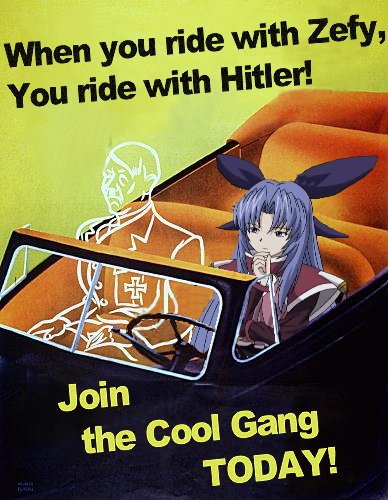 adolf hitler, zefiris, scrapped princess, lowres, third-party edit, 00s, 1girl, blue hair, car, motor vehicle, propaganda, what, world war ii