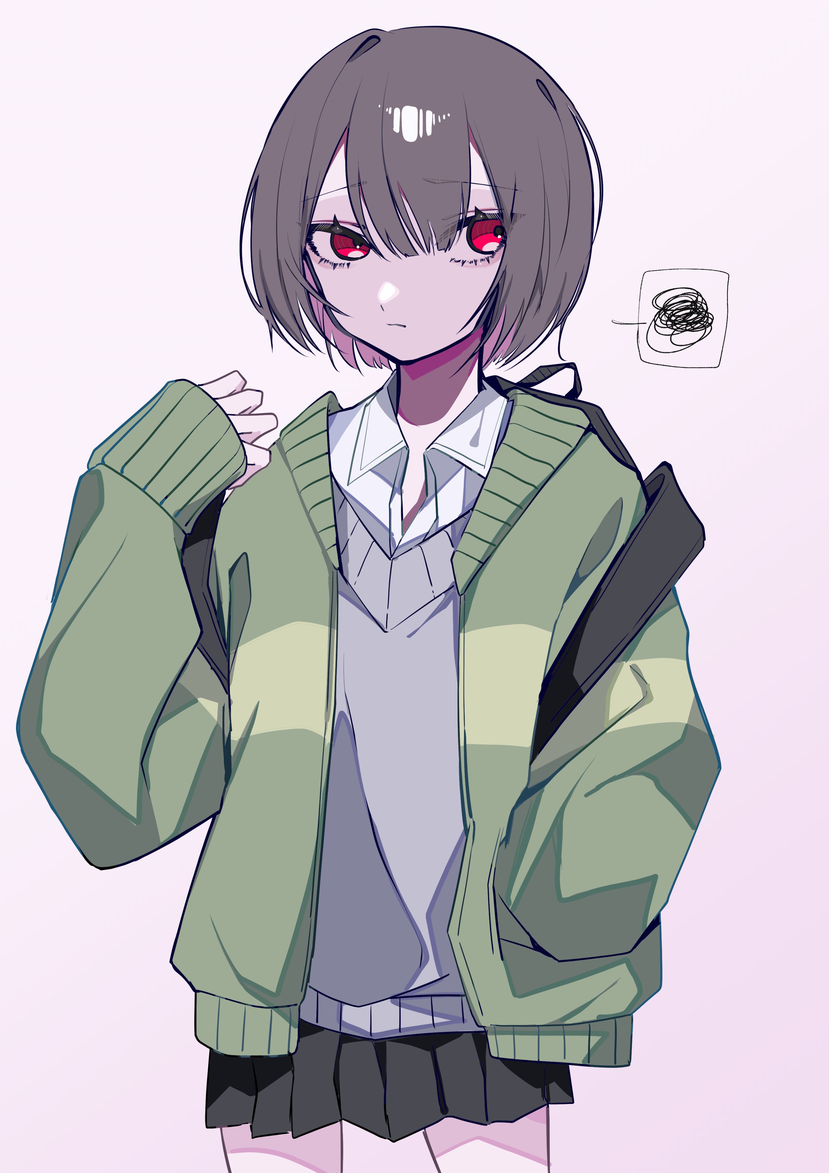 chara (undertale), undertale, utdr (toby fox), absurdres, commentary, highres, 1other, black skirt, brown hair, collared shirt, cowboy shot, green jacket, grey sweater, hand in pocket, jacket, looking to the side, other focus, raique, red eyes, shirt, short hair, simple background, skirt, sleeves past wrists, solo, spoken squiggle, squiggle, sweater, white shirt