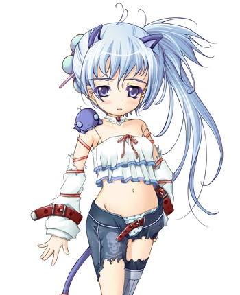 maehara natsume, studio idol, lowres, 1girl, animal ears, bare shoulders, belt, blue eyes, blue hair, blush, cat ears, cat tail, collar, cowboy shot, creature, detached sleeves, elbow gloves, female focus, gloves, hair ornament, hairpin, matching hair/eyes, open mouth, pants, ribbon, simple background, skull print, solo, tail, torn clothes, torn pants, torn sleeves, white background
