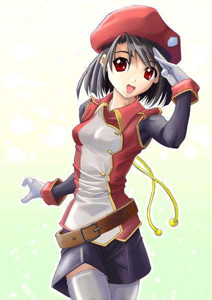 yamagami mozuku, uniform, resized, 1girl, belt, beret, brown hair, female focus, gloves, hat, open mouth, red eyes, salute, skirt, solo, thighhighs