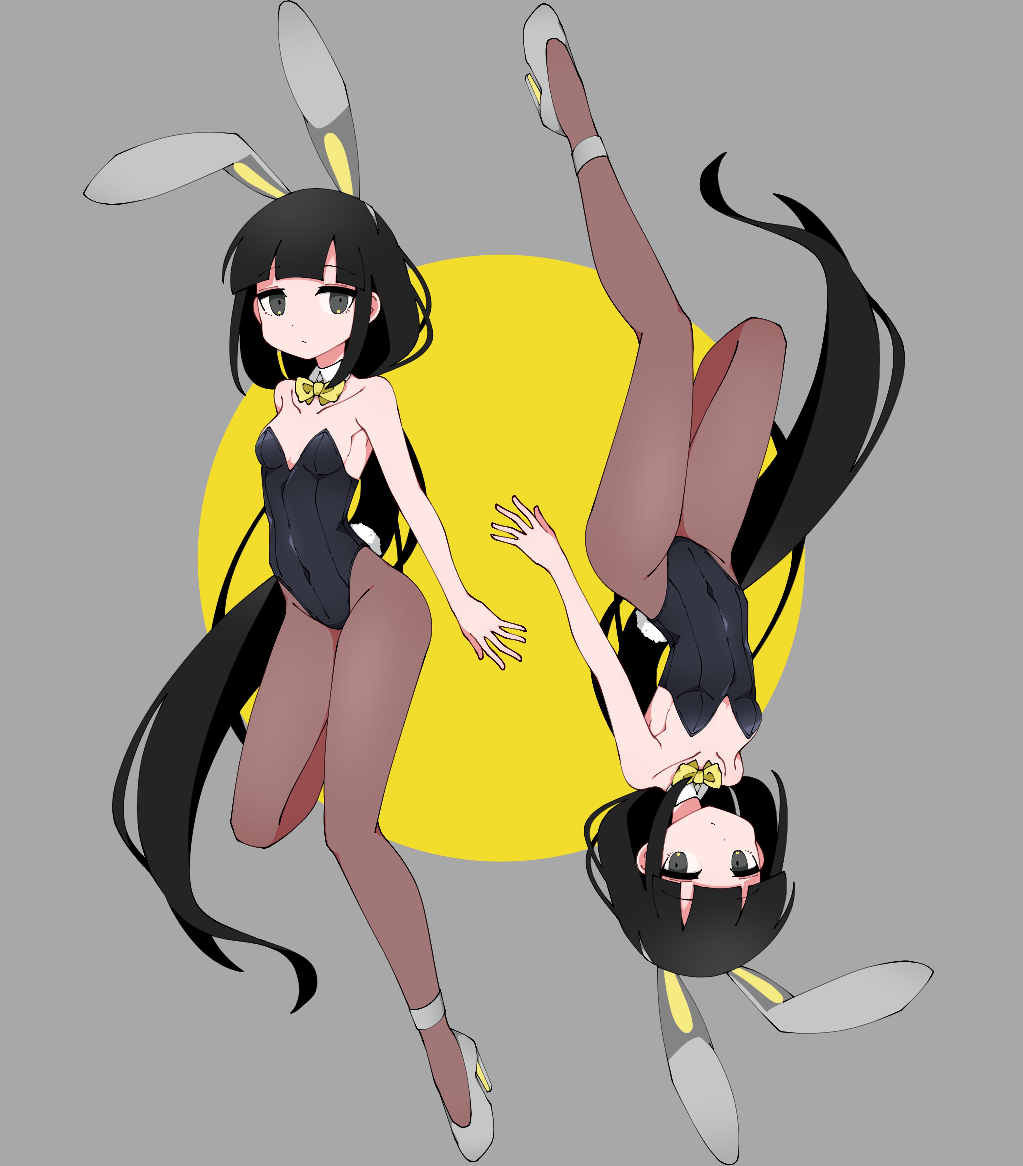 nazunobasho, osage (nukunuku nigirimeshi), inabakumori, absurdres, derivative work, highres, 1girl, album cover redraw, animal ears, armpit peek, bare shoulders, black eyes, black hair, black leotard, bow, bowtie, breasts, closed mouth, collarbone, covered navel, detached collar, dot nose, expressionless, fake animal ears, fake tail, fishnet pantyhose, fishnets, grey hairband, hairband, high heels, jitome, leg up, leotard, long hair, pantyhose, playboy bunny, ponytail, rabbit ears, rabbit tail, small breasts, strapless, strapless leotard, tail, very long hair, yellow bow, yellow bowtie