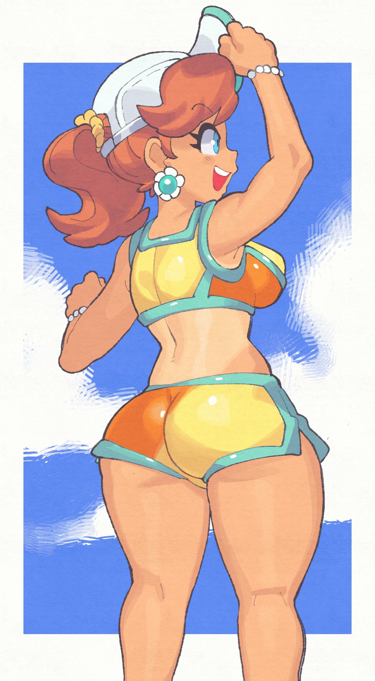 inkerton-kun, princess daisy, princess daisy (swimwear) (mario kart world), mario (series), mario kart, mario kart world, nintendo, highres, 1girl, ass, blue eyes, breasts, brown hair, crop top, earrings, flower earrings, from behind, hat, jewelry, official alternate costume, open mouth, outside border, ponytail, short shorts, shorts, smile, solo, sports bra, tan, tanline, white hat