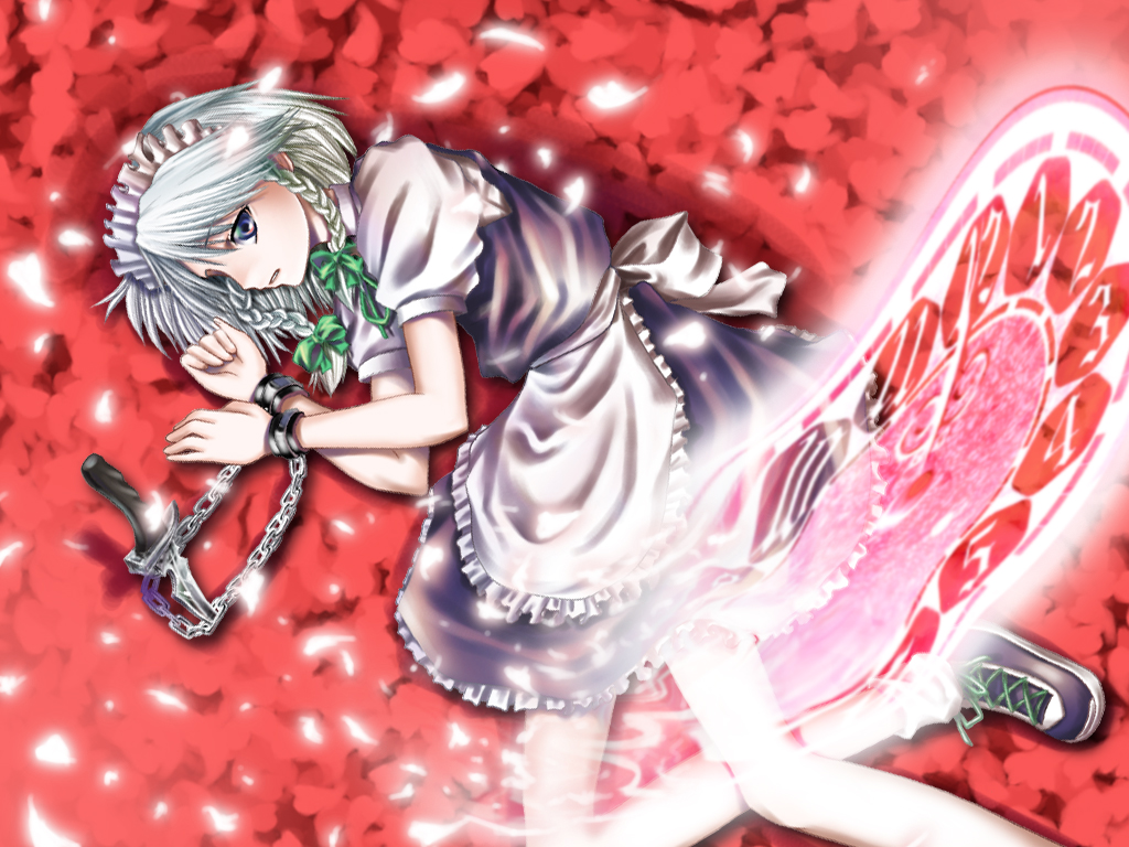 aozora market, izayoi sakuya, touhou, silver hair, 1girl, bdsm, bondage, bound, braid, chain, female focus, maid, short hair, solo, twin braids
