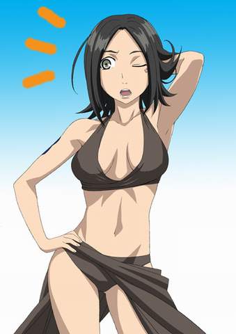 isse, talho yuuki, eureka seven, eureka seven (series), looking away, lowres, 00s, 1girl, ^^^, arm behind head, arm up, armpits, arms up, bikini, black bikini, black hair, breasts, female focus, hand on own hip, one eye closed, open mouth, sarong, short hair, solo, swimsuit