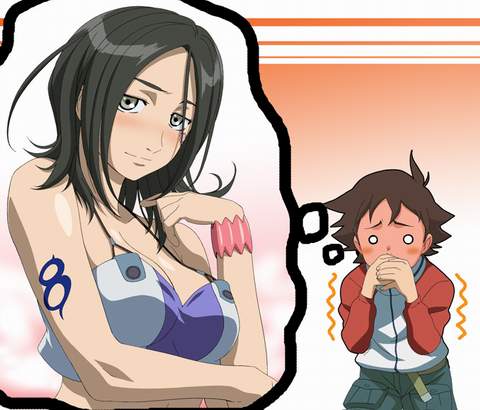 isse, renton, renton thurston, talho yuuki, eureka seven, eureka seven (series), jpeg artifacts, lowres, 00s, 1boy, 1girl, blush, raglan sleeves