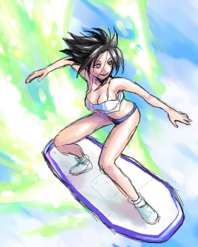 talho yuuki, eureka seven, eureka seven (series), looking away, lowres, 00s, 1girl, balancing, black hair, breasts, female focus, full body, ocean, short hair, sketch, smile, solo, spiked hair, surfing