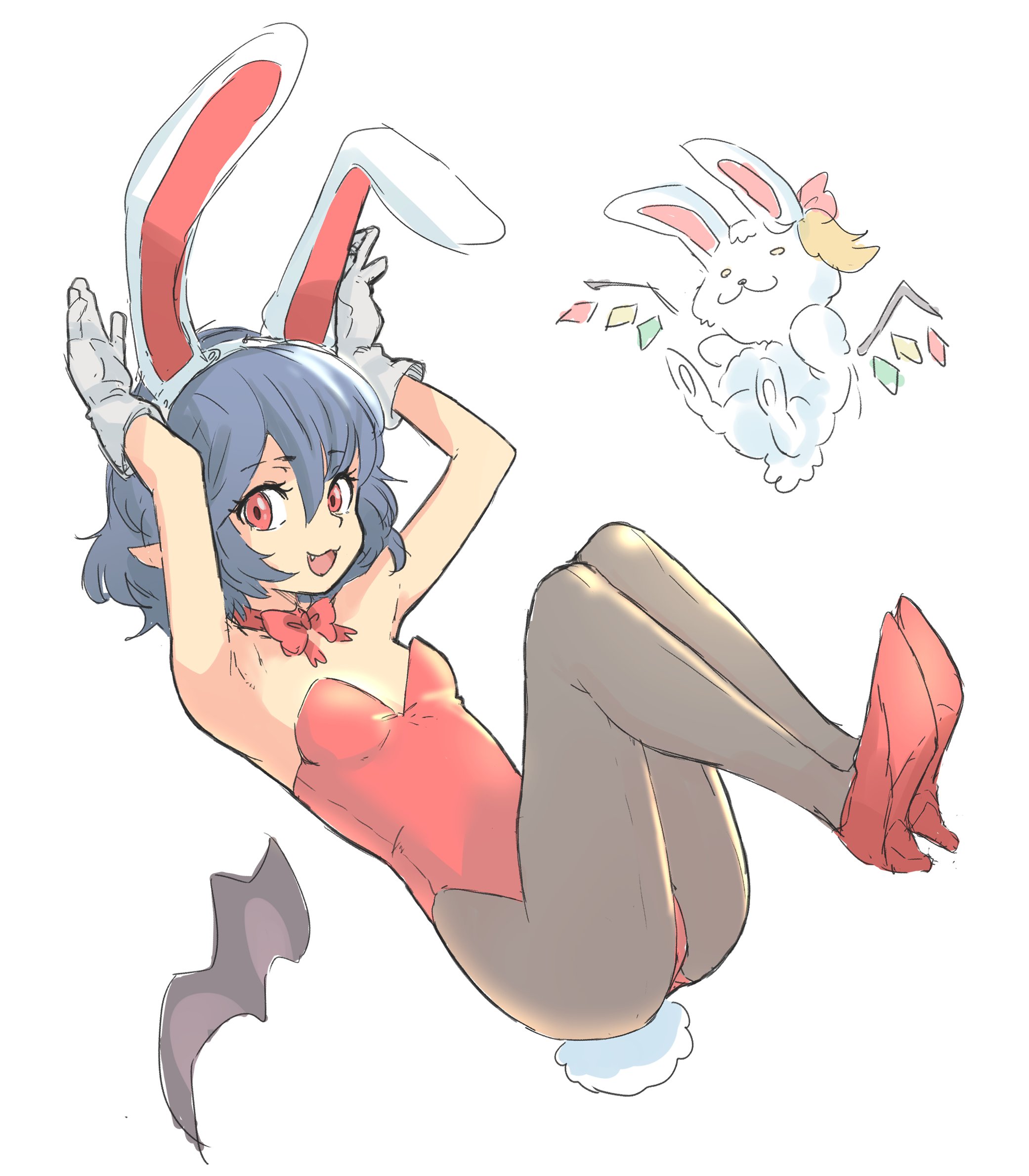 bifidus (exkagerou8665), flandre scarlet, remilia scarlet, touhou, highres, 1girl, alternate costume, animal ear hairband, animal ears, animalization, arms up, bat wings, black pantyhose, blue hair, bow, bowtie, breasts, fake animal ears, full body, gloves, hair between eyes, hairband, leotard, looking at viewer, open mouth, pantyhose, playboy bunny, pointy ears, rabbit ear hairband, rabbit ears, rabbit pose, rabbit tail, red bow, red bowtie, red eyes, red leotard, red shoes, shoes, short hair, simple background, small breasts, solo, strapless, strapless leotard, tail, white background, white gloves, white hairband, white rabbit (animal), wings
