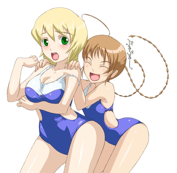 arika yumemiya, erstin ho, my-otome, breast hold, hands on shoulders, 00s, 2girls, ahoge, blonde hair, blue one-piece swimsuit, braid, breasts, brown hair, casual one-piece swimsuit, closed eyes, clothing cutout, garderobe swimsuit, green eyes, multiple girls, one-piece swimsuit, school swimsuit, shoulder grab, side cutout, simple background, strap slip, swimsuit, twin braids