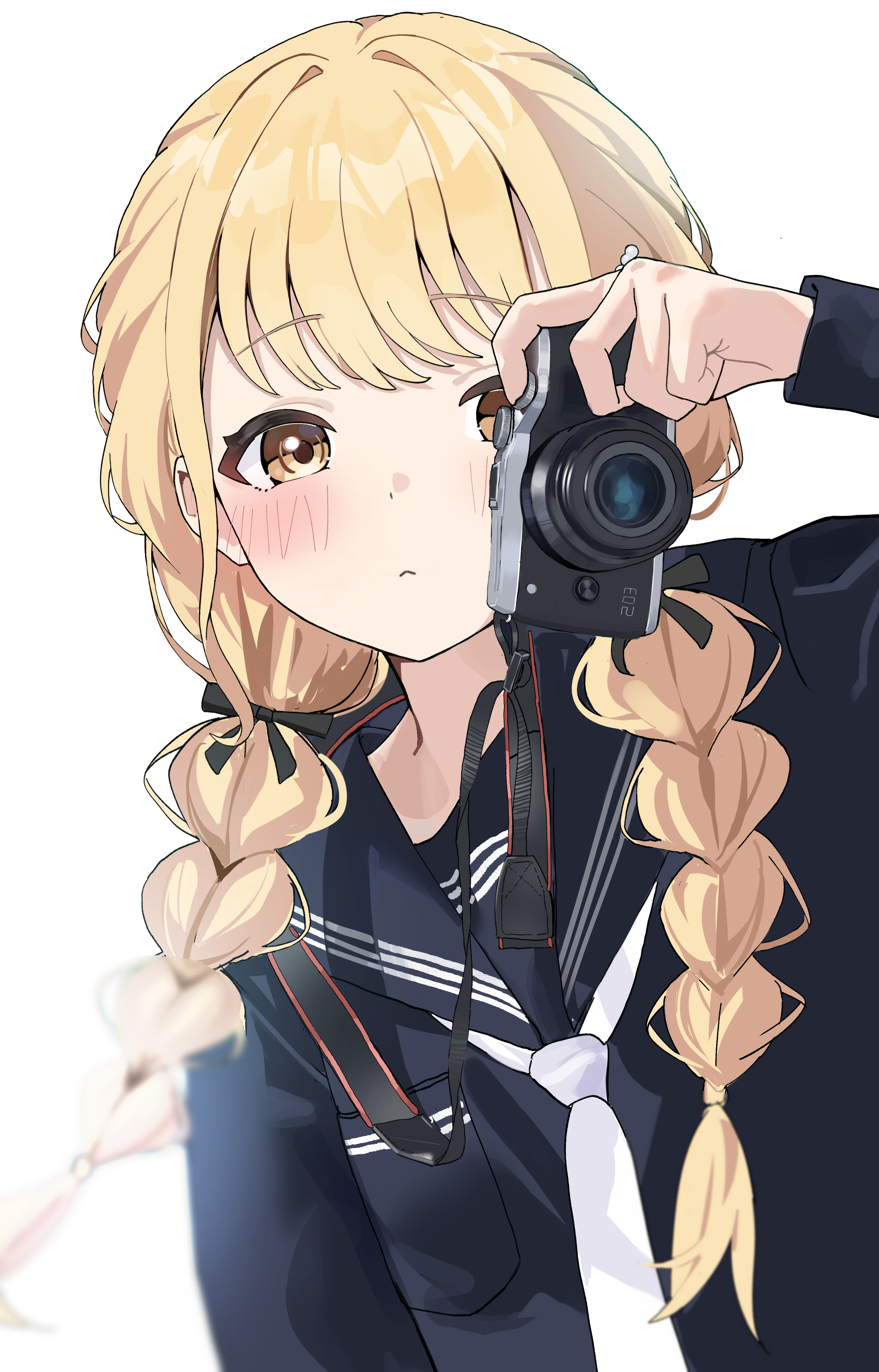 aweqdre, fujita kotone, gakuen idolmaster, idolmaster, absurdres, commentary request, highres, 1girl, black sailor collar, black serafuku, black shirt, blonde hair, blush, braid, camera, closed mouth, hair ribbon, holding, holding camera, long sleeves, looking at viewer, necktie, ribbon, sailor collar, school uniform, serafuku, shirt, simple background, solo, twin braids, upper body, white background, white necktie, yellow eyes
