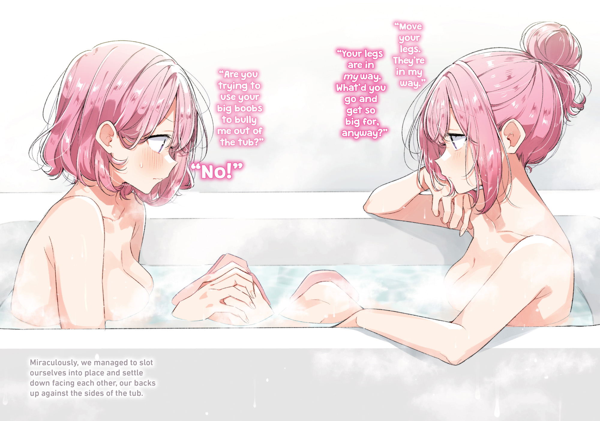 takeshima eku, amaori haruna, amaori renako, watashi ga koibito ni nareru wake naijan murimuri!, alternate language, highres, non-web source, official art, 2girls, bath, bathtub, blush, breasts, closed mouth, collarbone, english text, facing another, hair bun, medium breasts, multiple girls, nude, pink hair, purple eyes, same-sex bathing, shared bathing, short hair, siblings, sidelocks, single hair bun, sisters, wavy mouth