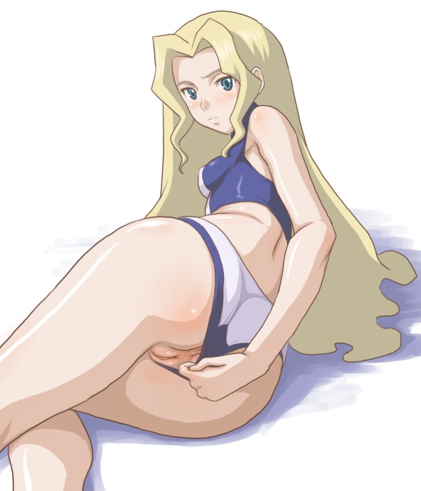 tofu (tf07px), silvia ban, solty rei, 00s, 1girl, ass, bikini, bikini bottom aside, blonde hair, cleft of venus, clothing aside, female focus, lying, on side, panties, panty pull, pussy, solo, swimsuit, swimsuit aside, uncensored, underwear
