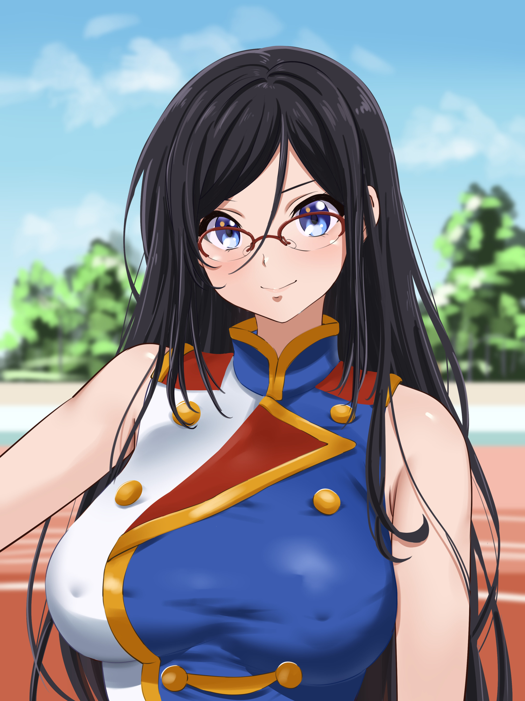 fuooooo, tanaka asuka, hibike! euphonium, absurdres, highres, 1girl, black hair, blue eyes, blue shirt, blurry, blurry background, blush, breasts, cloud, day, glasses, hair between eyes, large breasts, long hair, looking at viewer, outdoors, over-rim eyewear, red-framed eyewear, running track, semi-rimless eyewear, shirt, sky, sleeveless, sleeveless shirt, smile, solo, tree, two-tone shirt, very long hair