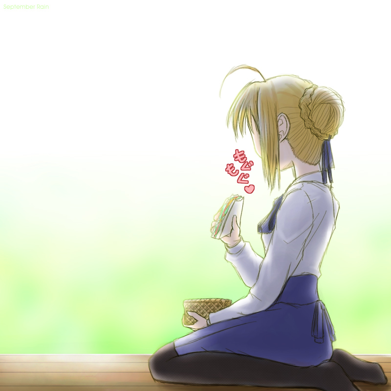 artoria pendragon (fate), saber (fate), fate/stay night, fate (series), 00s, 1girl, black pantyhose, blonde hair, blouse, eating, female focus, food, heart, no shoes, pantyhose, sandwich, shirt, sitting, solo
