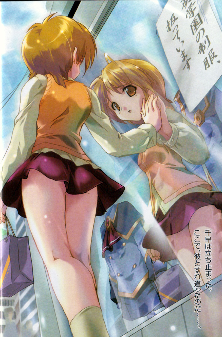 komatsu eiji, yamase chihaya, maburaho, original, highres, translated, 00s, blonde hair, kneepits, no panties, open mouth, orange eyes, reflection, school uniform, serafuku, short hair, skirt, socks, solo, upskirt