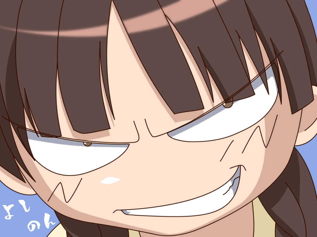 shimazu yoshino, maria-sama ga miteru, 00s, 1girl, braid, brown eyes, brown hair, character name, female focus, grin, looking at viewer, smile, smirk, solo, twin braids
