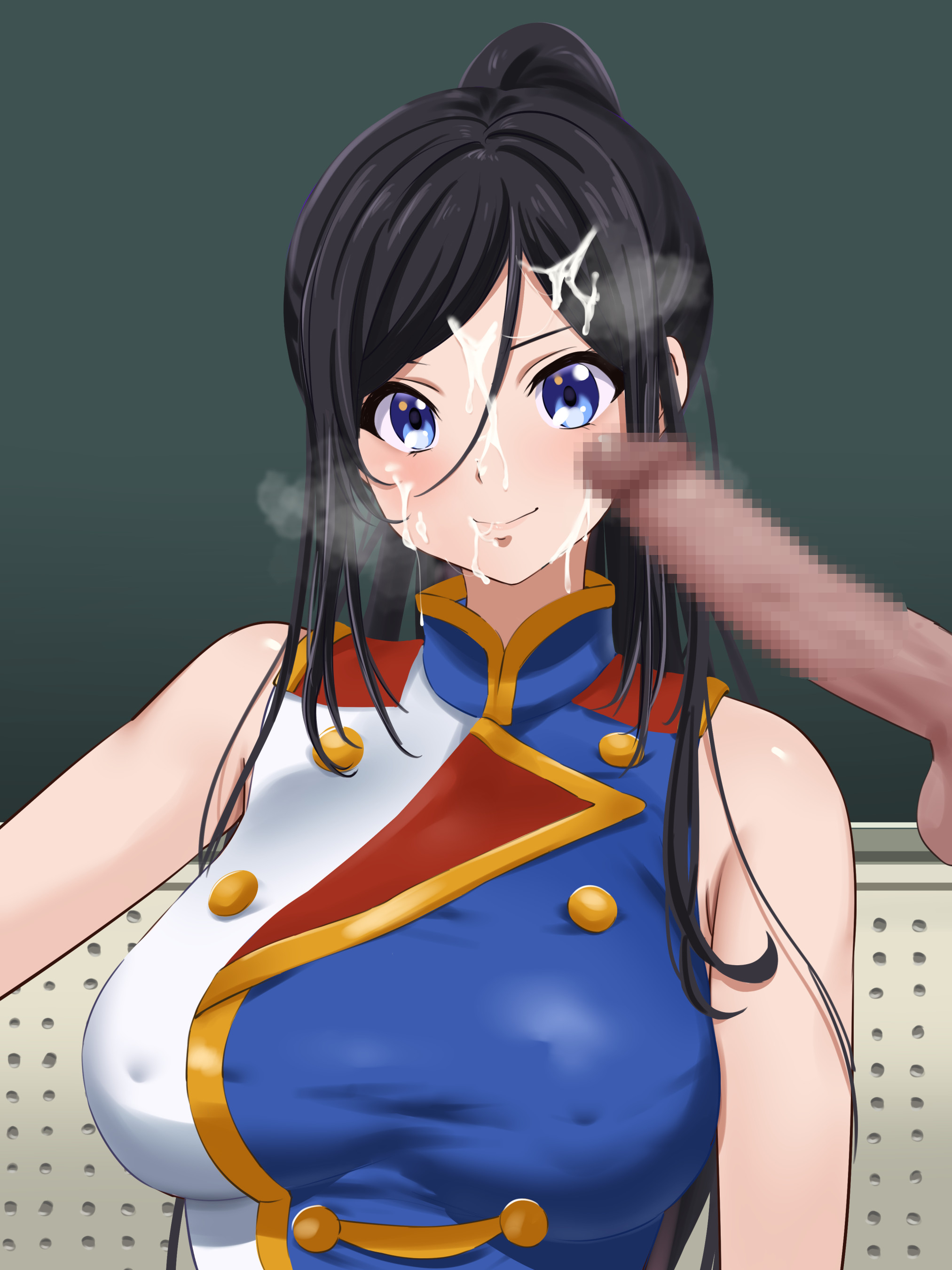 fuooooo, tanaka asuka, hibike! euphonium, absurdres, highres, 1boy, 1girl, after ejaculation, black hair, blue eyes, blue shirt, blush, breasts, censored, chalkboard, cum, cum on body, cum on hair, facial, hair between eyes, hetero, indoors, large breasts, long hair, looking at viewer, mosaic censoring, no eyewear, penis, shirt, sleeveless, sleeveless shirt, smile, solo focus, two-tone shirt, very long hair