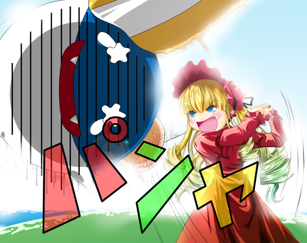 dolfini (pangya), dolphini, shinku, pangya, rozen maiden, light, 1girl, angry, blonde hair, blue eyes, blush, bonnet, crossover, day, dress, drill hair, female focus, golf club, hitting, long hair, outdoors, parody, shouting, sky, solo, very long hair