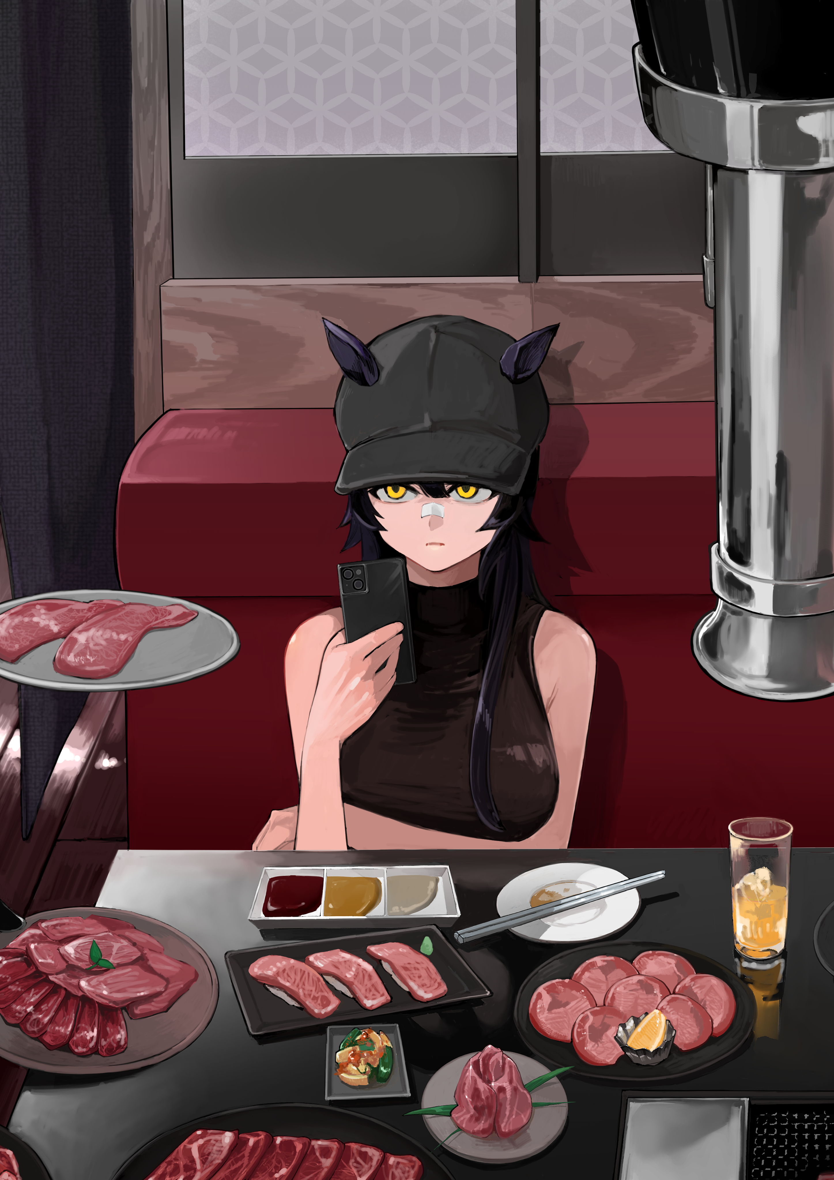 narita brian (umamusume), umamusume, absurdres, highres, 1girl, animal ears, baseball cap, black hair, chopsticks, food, grill, hat, horse ears, horse girl, meat, plate, raw meat, shiotansushi, sitting, solo, upper body