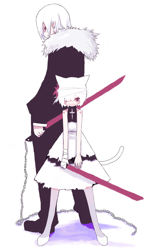 sanada taketo, original, 1boy, 1girl, animal ears, back-to-back, bandages, cat ears, cat tail, chain, cross, latin cross, long sleeves, sword, tail, weapon, white hair