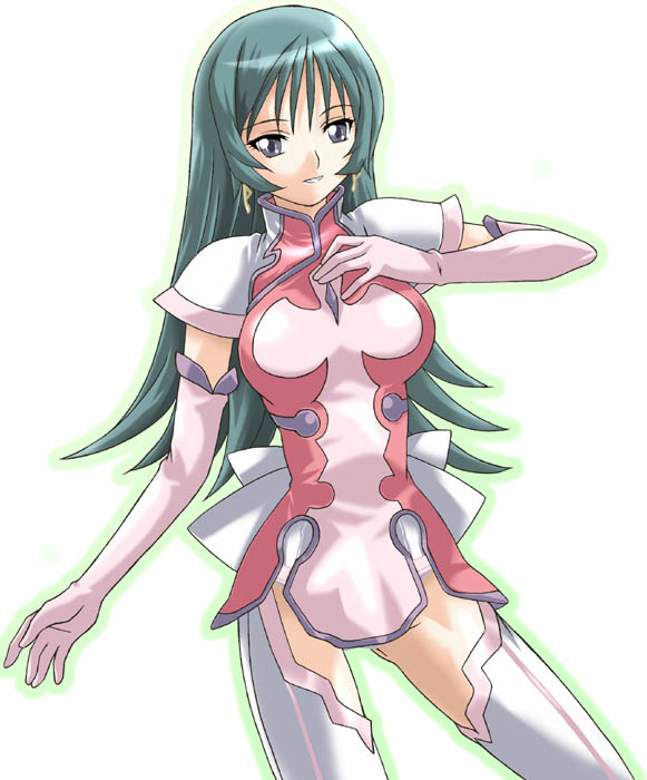 mikage nao, kotona elegance, zoids, zoids genesis, 00s, 1girl, dress, earrings, elbow gloves, female focus, gloves, green hair, grey eyes, jewelry, long hair, looking at viewer, outline, pink gloves, short dress, short sleeves, simple background, smile, solo, thighhighs, very long hair, white background, zettai ryouiki