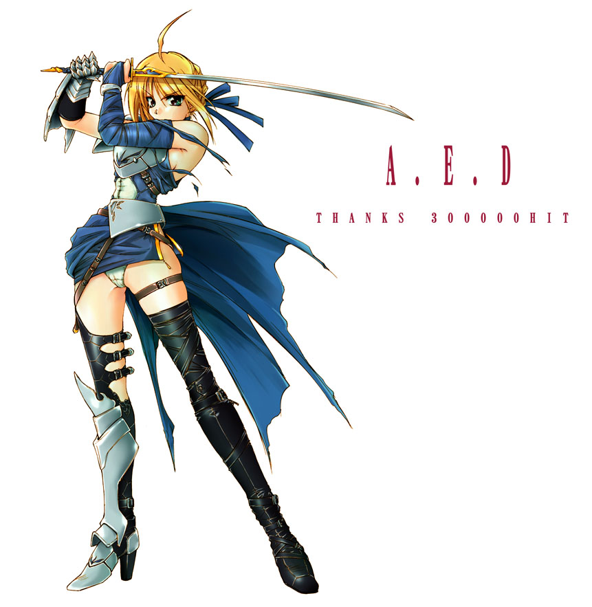 onaya masakazu, artoria pendragon (fate), saber (fate), fate/stay night, fate (series), 00s, 1girl, adapted costume, ahoge, armor, armored dress, armpits, bare shoulders, belt, blonde hair, blue dress, boots, braid, braided bun, breasts, bridal gauntlets, detached sleeves, dress, female focus, full body, gauntlets, greaves, green eyes, hair bun, high heels, holding, holding sword, holding weapon, katana, looking at viewer, microdress, milestone celebration, panties, serious, shoes, short hair, sideboob, sidelocks, simple background, single gauntlet, single greave, solo, standing, sword, thigh boots, thigh strap, thighhighs, underwear, v-shaped eyebrows, weapon, white background, white panties