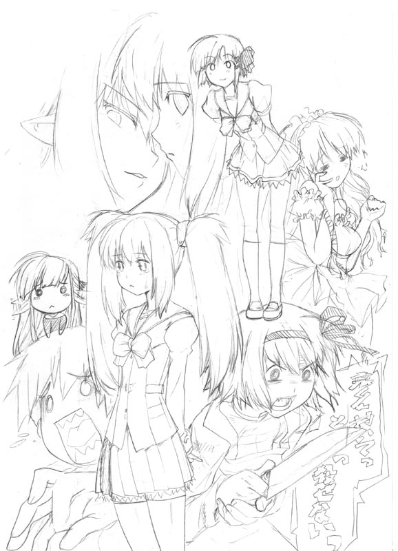 irigomame, kikyou, pr (puru), fuyou kaede, kareha, kikyou (shuffle), lisianthus, nerine, primula, shigure asa, tsuchimi rin, shuffle!, 00s, 1boy, 6+girls, angry, bow, greyscale, hair ribbon, hairband, knife, maid, monochrome, multiple girls, pleated skirt, pointy ears, ribbon, school uniform, serafuku, short hair, sketch, skirt, thighhighs, tress ribbon, twintails