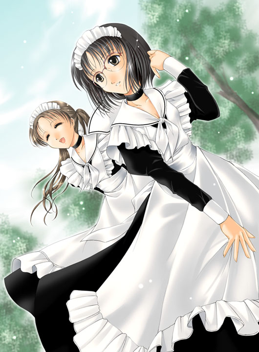 kayazu taira, original, 2girls, black hair, brown hair, day, glasses, maid, multiple girls, outdoors, short hair, tree