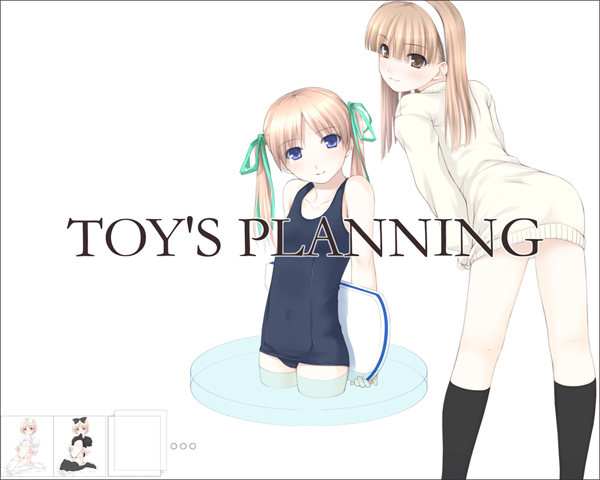 ooji, original, promotional art, 4girls, blonde hair, blue eyes, brown eyes, convenient censoring, dress, female focus, figure, kickboard, loli, multiple girls, one-piece swimsuit, school swimsuit, sweater, sweater dress, swimsuit, twintails, white background